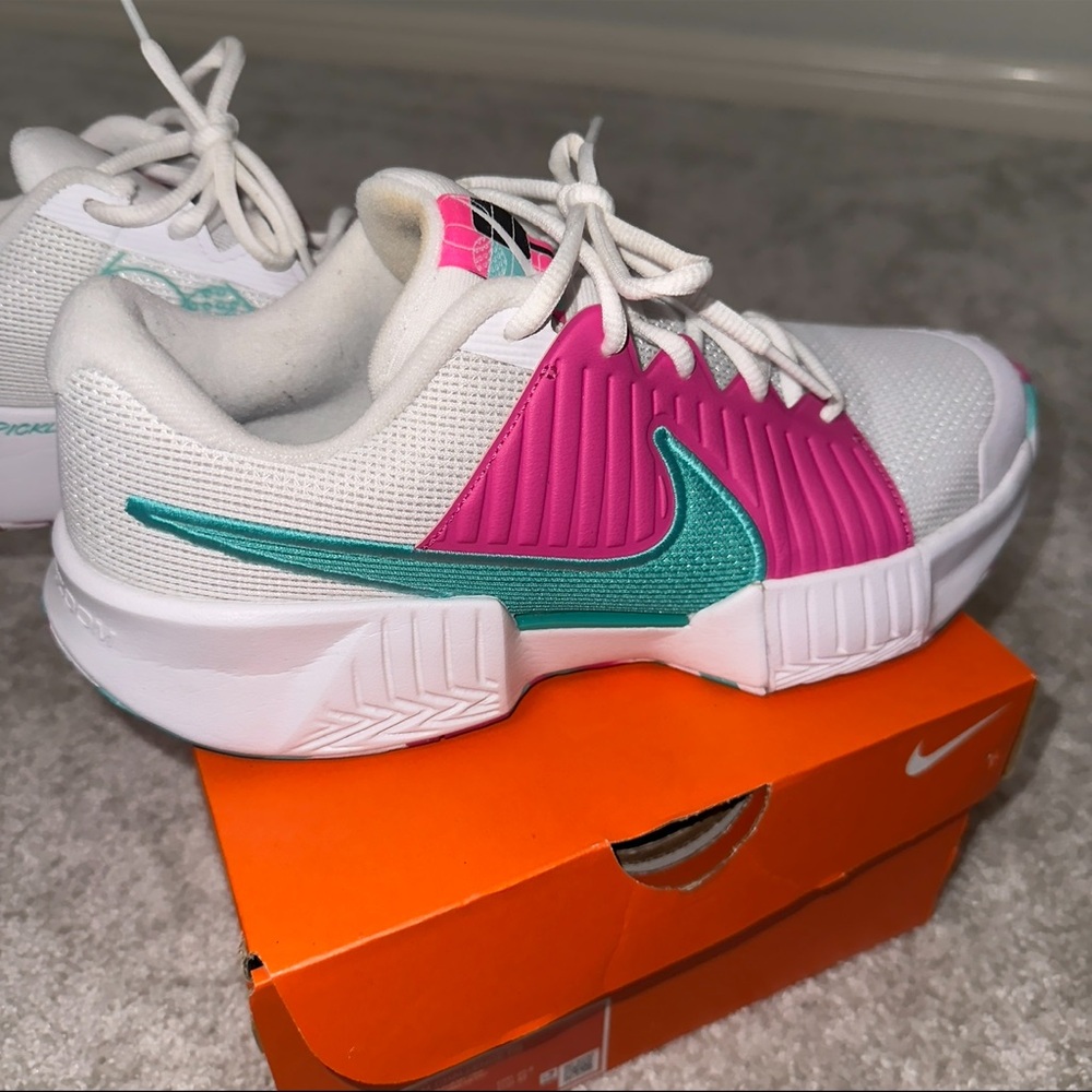 Nike Women's White and Pink Sneakers with Teal Accents